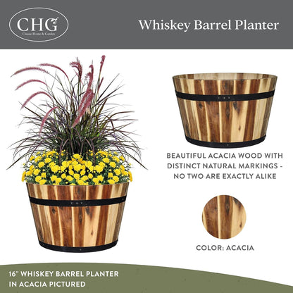 Whiskey Barrel Planter, Wooden Garden Pot, 16" Acacia