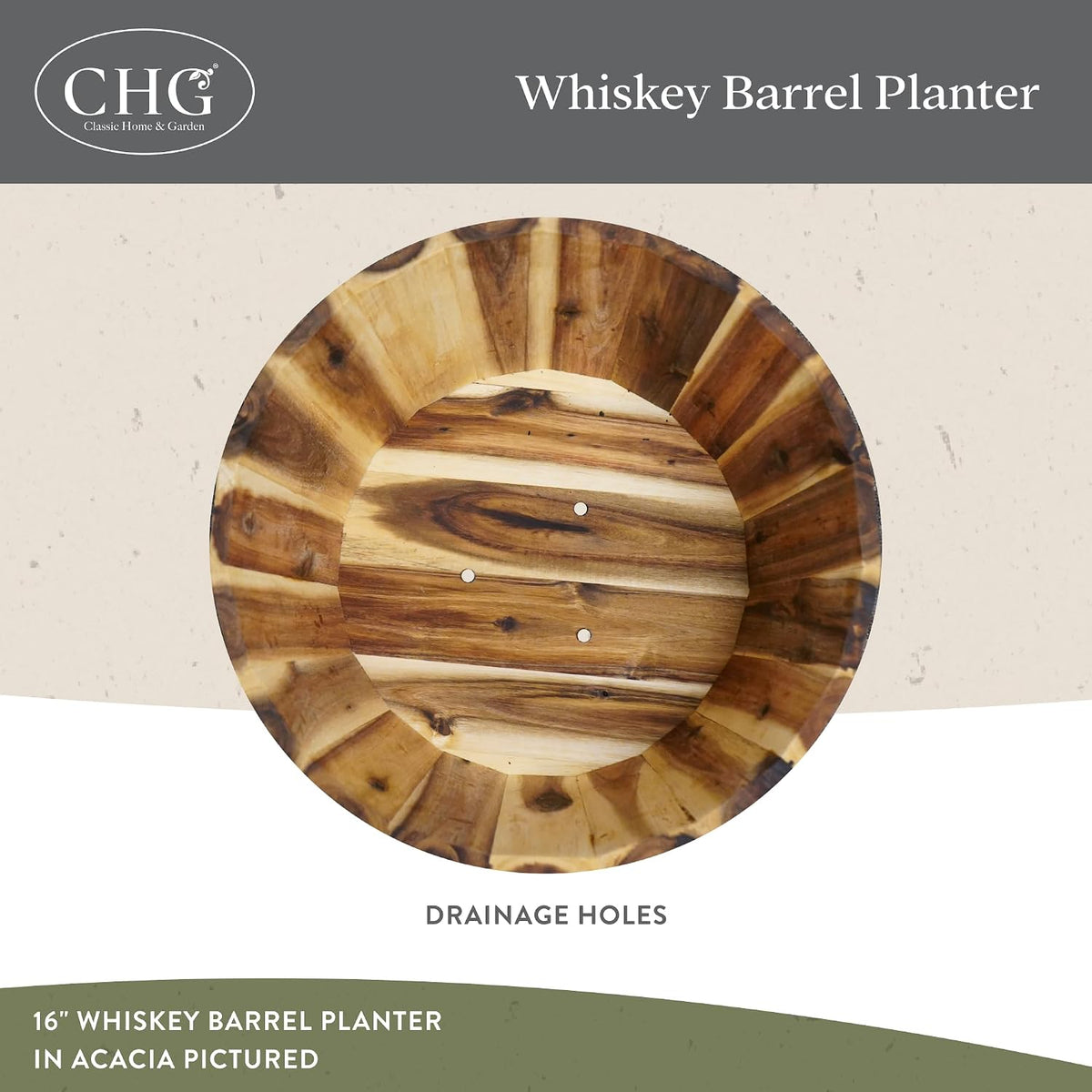Whiskey Barrel Planter, Wooden Garden Pot, 16" Acacia