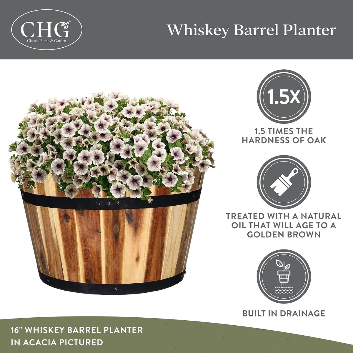 Whiskey Barrel Planter, Wooden Garden Pot, 16" Acacia
