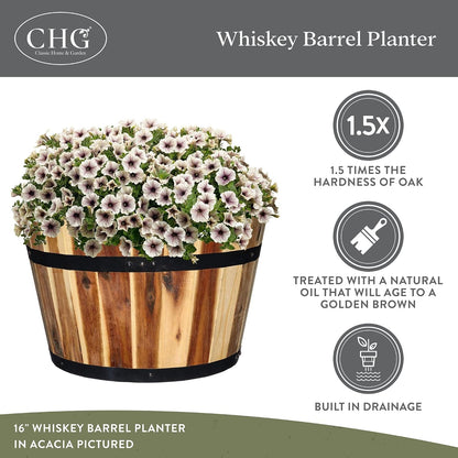 Whiskey Barrel Planter, Wooden Garden Pot, 16" Acacia