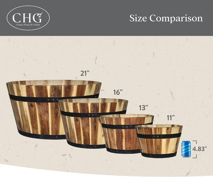 Whiskey Barrel Planter, Wooden Garden Pot, 16" Acacia