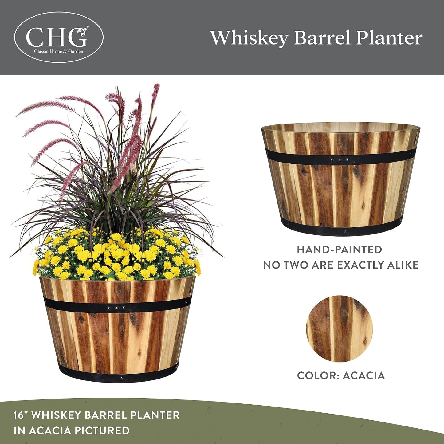 Whiskey Barrel Planter, Wooden Garden Pot, 16" Acacia