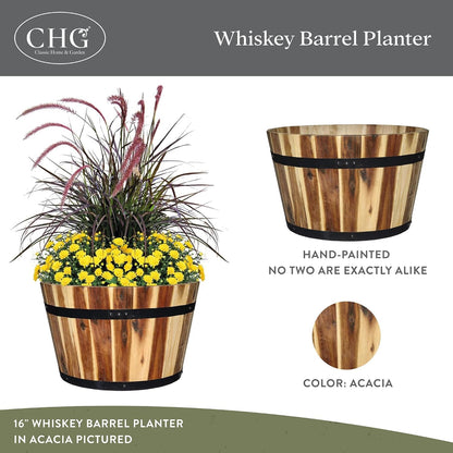Whiskey Barrel Planter, Wooden Garden Pot, 16" Acacia
