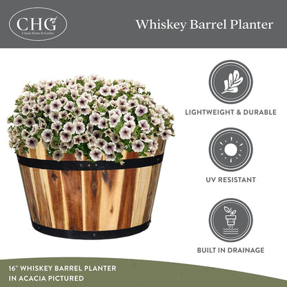 Whiskey Barrel Planter, Wooden Garden Pot, 16" Acacia