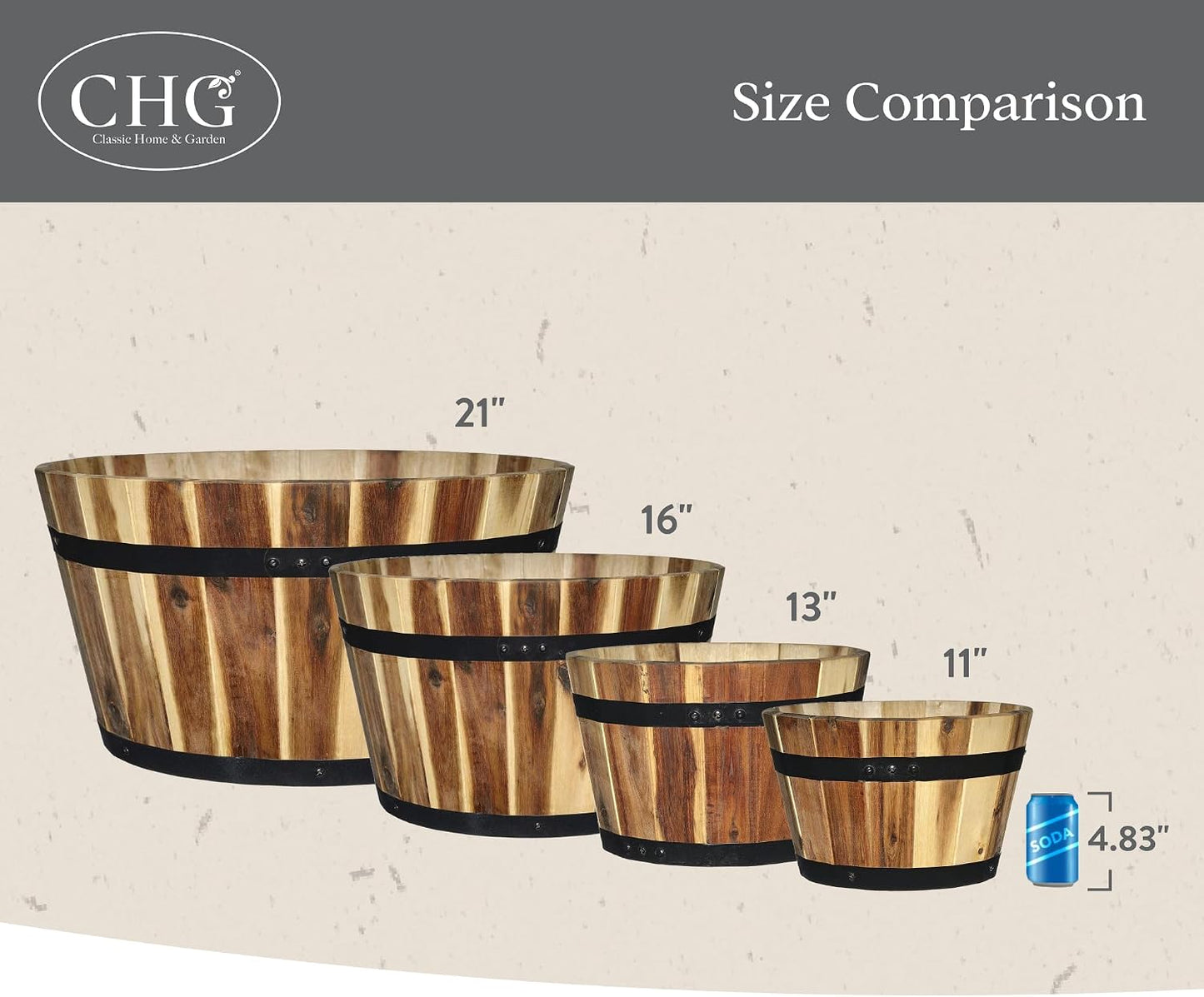 Whiskey Barrel Planter, Wooden Garden Pot, 16" Acacia