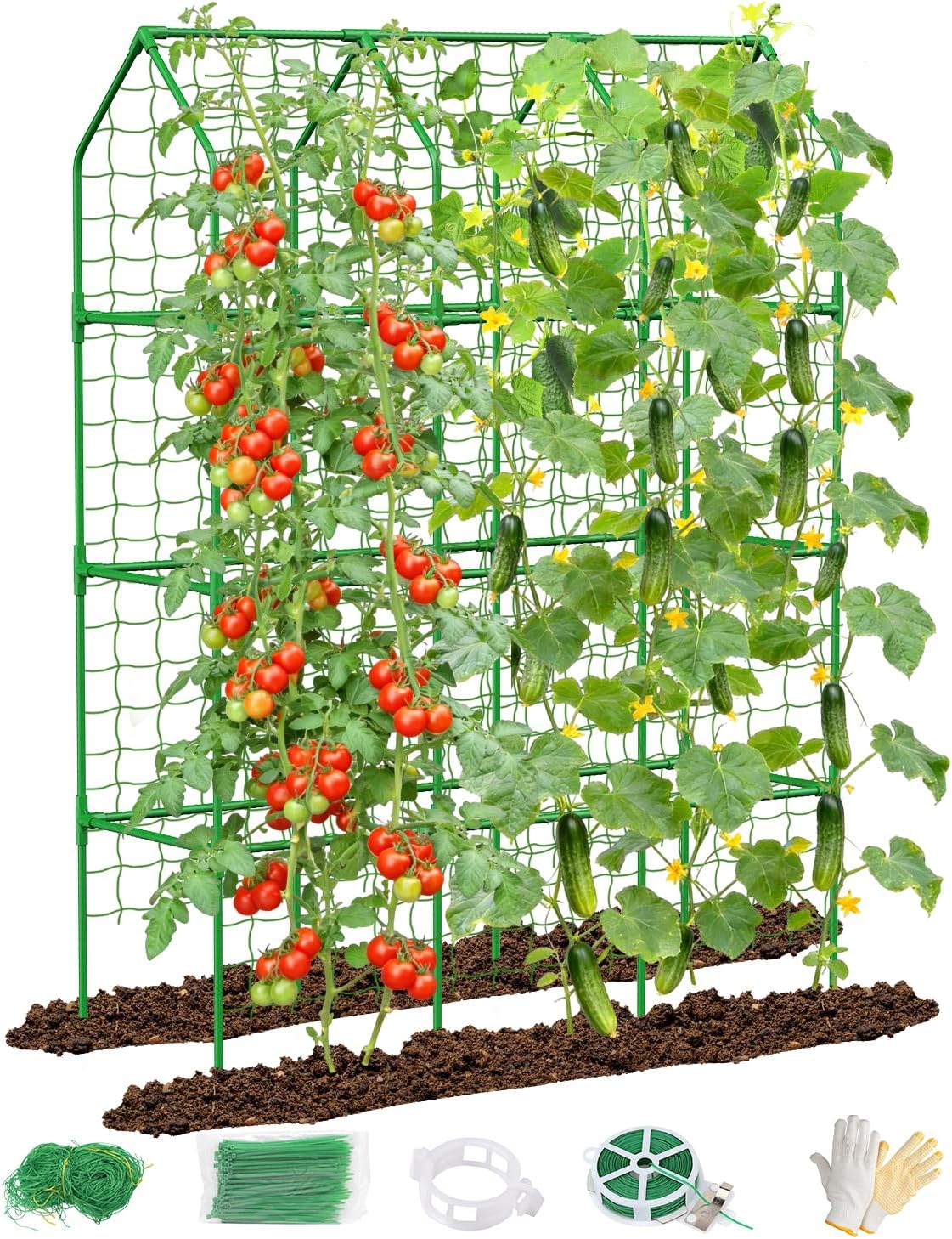 Cucumber Trellis for Climbing Plants Outdoor, A-Shape Garden Trellis for Raised Bed, Metal Plant Trellis with Garden Netting for Flower Vegetables, Pea, Grape (50 * 17 * 65inch(L*W*H)