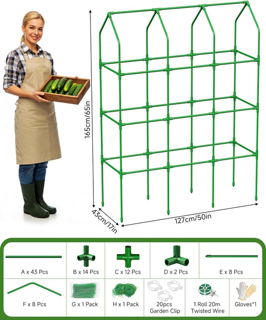Cucumber Trellis for Climbing Plants Outdoor, A-Shape Garden Trellis for Raised Bed, Metal Plant Trellis with Garden Netting for Flower Vegetables, Pea, Grape (50 * 17 * 65inch(L*W*H)