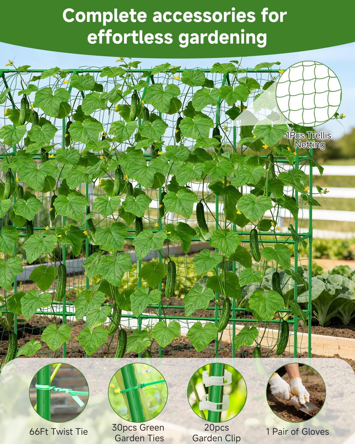 Cucumber Trellis for Climbing Plants Outdoor, A-Shape Garden Trellis for Raised Bed, Metal Plant Trellis with Garden Netting for Flower Vegetables, Pea, Grape (50 * 17 * 65inch(L*W*H)