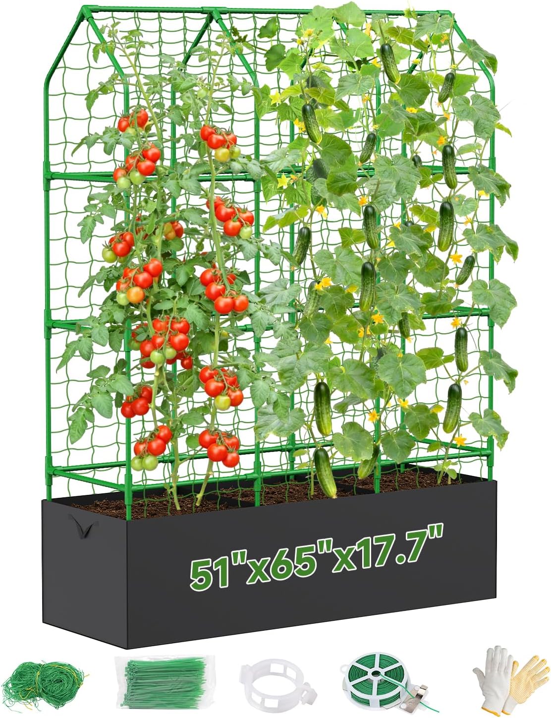 Cucumber Trellis for Climbing Plants Outdoor, A-Shape Garden Trellis for Raised Bed, Metal Plant Trellis with Garden Netting for Flower Vegetables, Pea, Grape (50 * 17 * 65inch(L*W*H)