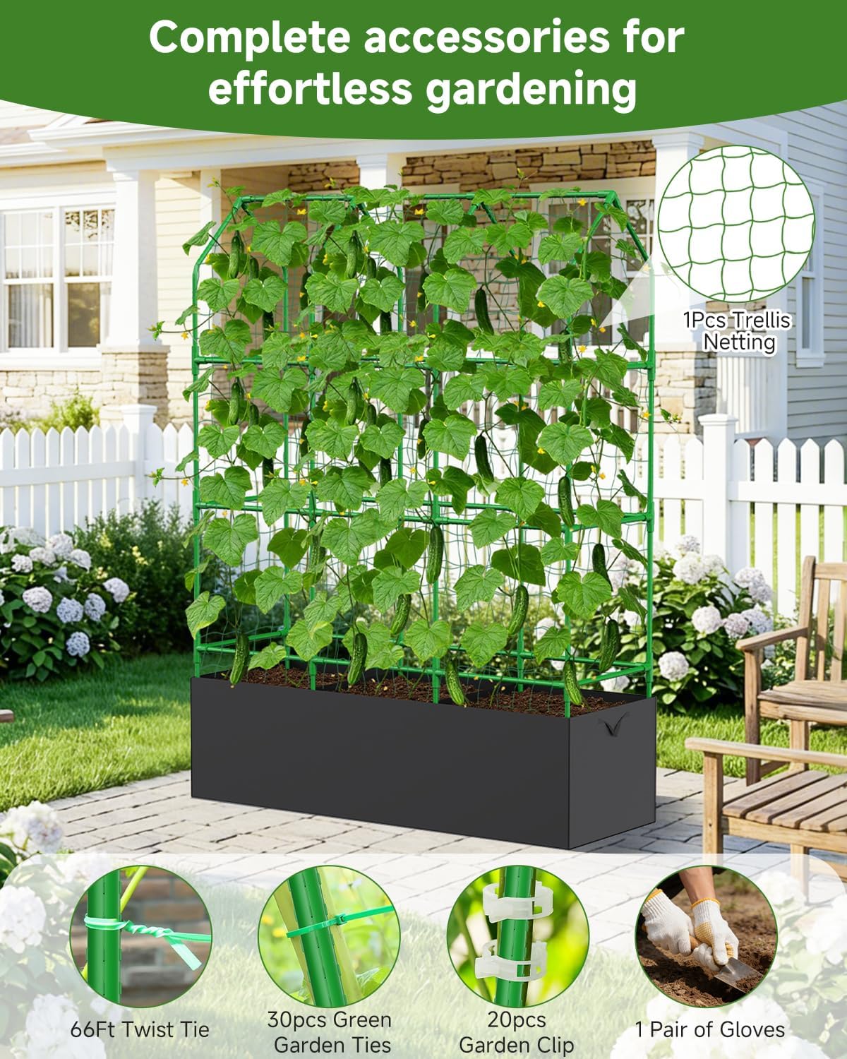 Cucumber Trellis for Climbing Plants Outdoor, A-Shape Garden Trellis for Raised Bed, Metal Plant Trellis with Garden Netting for Flower Vegetables, Pea, Grape (50 * 17 * 65inch(L*W*H)