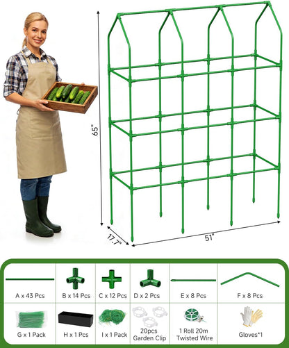Cucumber Trellis for Climbing Plants Outdoor, A-Shape Garden Trellis for Raised Bed, Metal Plant Trellis with Garden Netting for Flower Vegetables, Pea, Grape (50 * 17 * 65inch(L*W*H)
