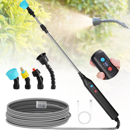 Battery Powered 33" Garden Sprayer Wand, 3 Adjustable Speeds, 4 Mist Nozzles, 10 FT Hose, Black, ABS Handle, Stainless Steel Tube, Lawn & Garden Sprayer