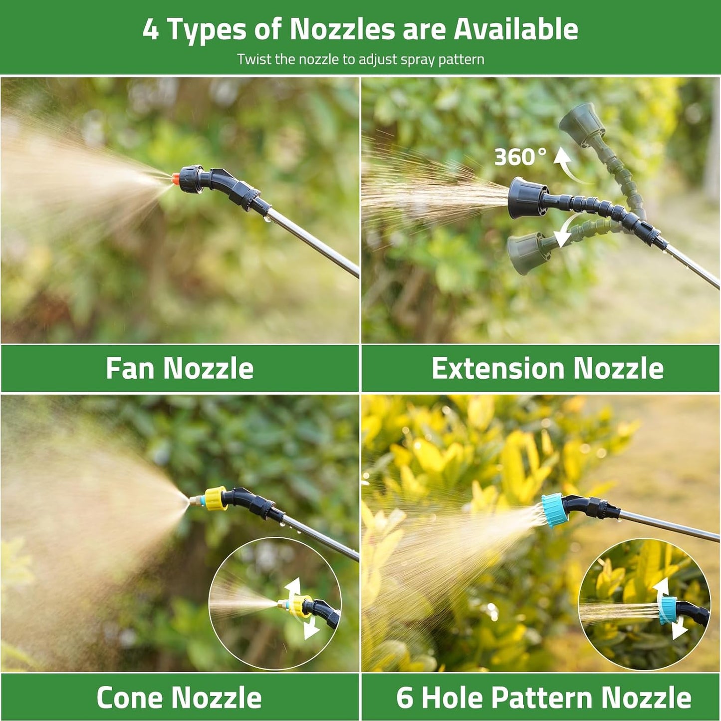 Battery Powered 33" Garden Sprayer Wand, 3 Adjustable Speeds, 4 Mist Nozzles, 10 FT Hose, Black, ABS Handle, Stainless Steel Tube, Lawn & Garden Sprayer