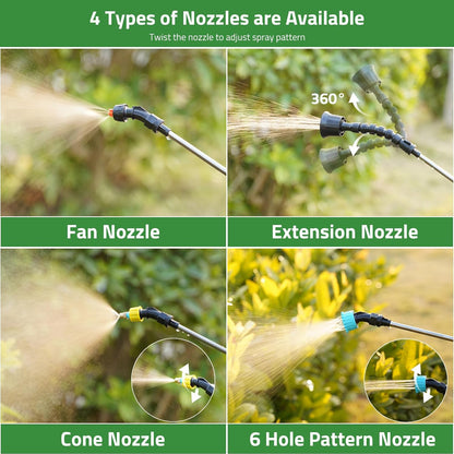 Battery Powered 33" Garden Sprayer Wand, 3 Adjustable Speeds, 4 Mist Nozzles, 10 FT Hose, Black, ABS Handle, Stainless Steel Tube, Lawn & Garden Sprayer