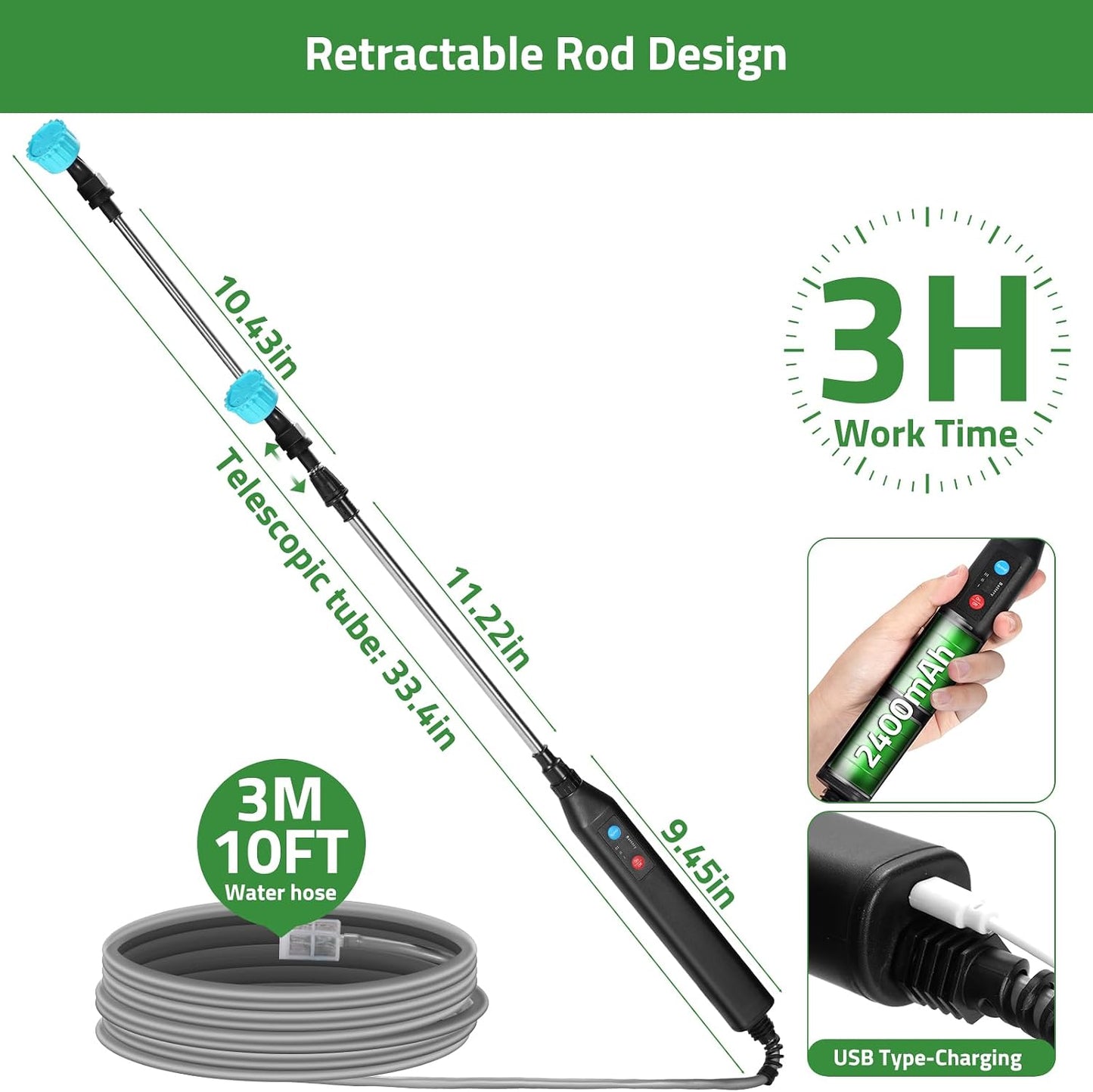 Battery Powered 33" Garden Sprayer Wand, 3 Adjustable Speeds, 4 Mist Nozzles, 10 FT Hose, Black, ABS Handle, Stainless Steel Tube, Lawn & Garden Sprayer