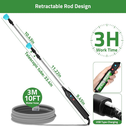 Battery Powered 33" Garden Sprayer Wand, 3 Adjustable Speeds, 4 Mist Nozzles, 10 FT Hose, Black, ABS Handle, Stainless Steel Tube, Lawn & Garden Sprayer