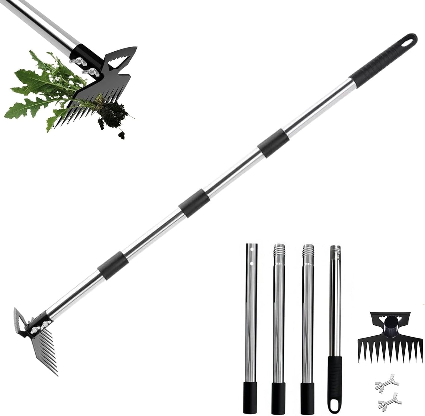 Weed Puller Tool, 2-in-1 Garden Hoe and Weed Rake, 60 Inch Adjustable Long Handle Stainless Steel Heavy Duty Weeding Tools, Manual Weeder Remover Gardening Uprooting Tool for Yard, Lawn and Patio
