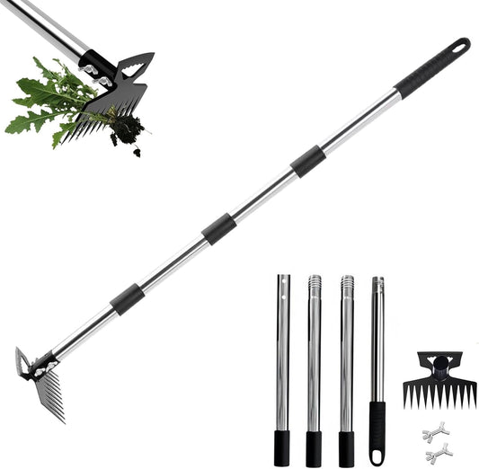 Weed Puller Tool, 2-in-1 Garden Hoe and Weed Rake, 60 Inch Adjustable Long Handle Stainless Steel Heavy Duty Weeding Tools, Manual Weeder Remover Gardening Uprooting Tool for Yard, Lawn and Patio