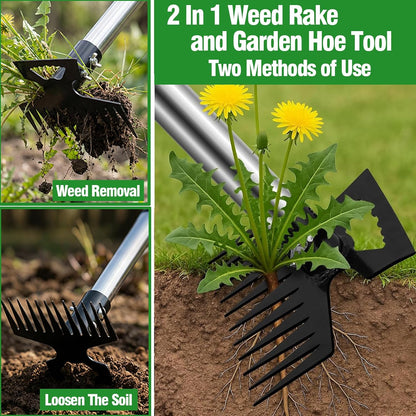Weed Puller Tool, 2-in-1 Garden Hoe and Weed Rake, 60 Inch Adjustable Long Handle Stainless Steel Heavy Duty Weeding Tools, Manual Weeder Remover Gardening Uprooting Tool for Yard, Lawn and Patio