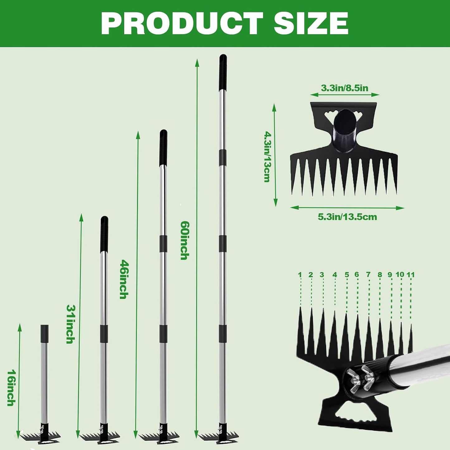 Weed Puller Tool, 2-in-1 Garden Hoe and Weed Rake, 60 Inch Adjustable Long Handle Stainless Steel Heavy Duty Weeding Tools, Manual Weeder Remover Gardening Uprooting Tool for Yard, Lawn and Patio