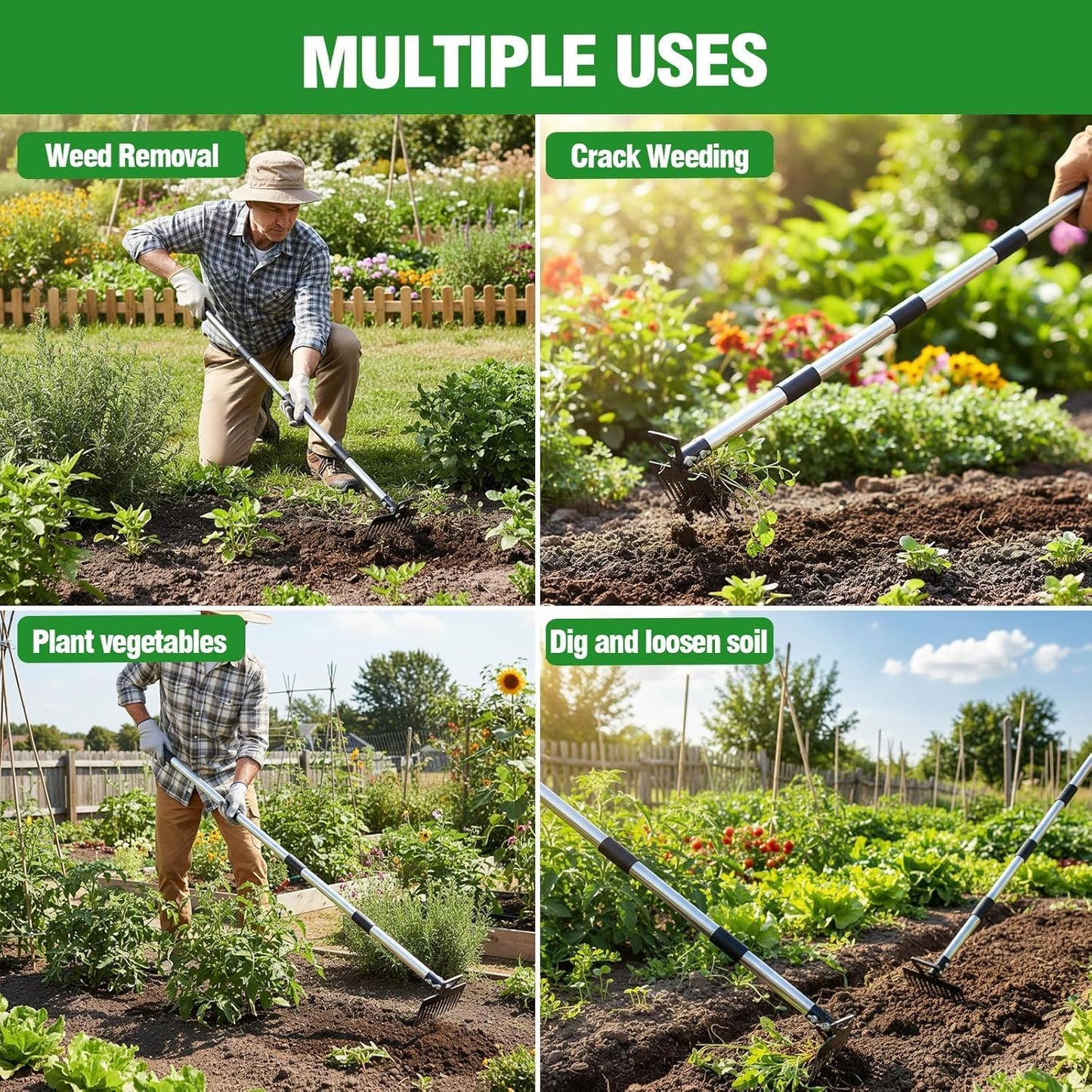 Weed Puller Tool, 2-in-1 Garden Hoe and Weed Rake, 60 Inch Adjustable Long Handle Stainless Steel Heavy Duty Weeding Tools, Manual Weeder Remover Gardening Uprooting Tool for Yard, Lawn and Patio