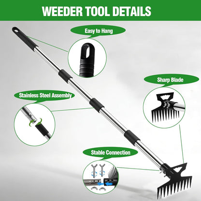 Weed Puller Tool, 2-in-1 Garden Hoe and Weed Rake, 60 Inch Adjustable Long Handle Stainless Steel Heavy Duty Weeding Tools, Manual Weeder Remover Gardening Uprooting Tool for Yard, Lawn and Patio