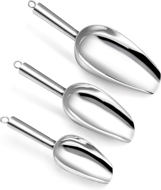 Ice Scoop Set of 3, Stainless Steel Food Scoop,3+6+8 Oz & Silver