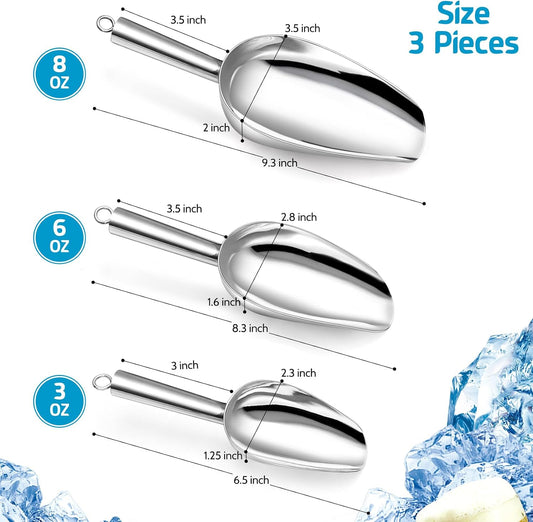 Ice Scoop Set of 3, Stainless Steel Food Scoop,3+6+8 Oz & Silver
