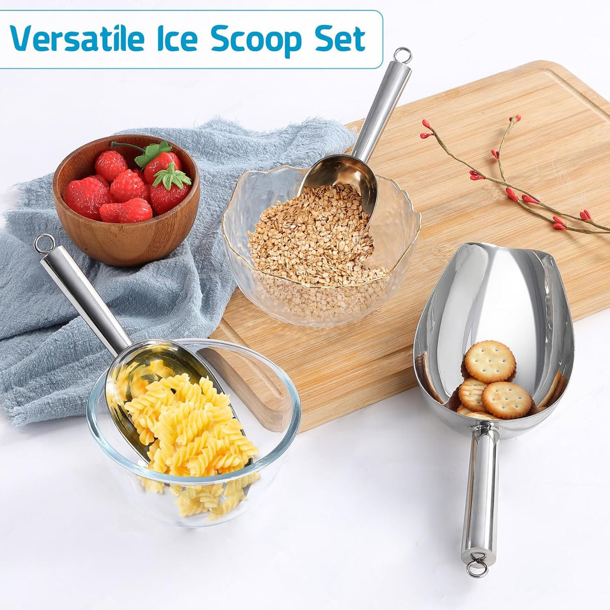 Ice Scoop Set of 3, Stainless Steel Food Scoop,3+6+8 Oz & Silver