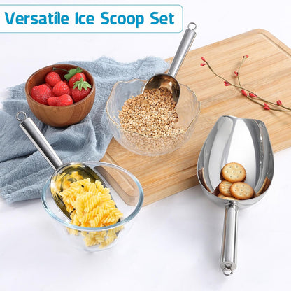 Ice Scoop Set of 3, Stainless Steel Food Scoop,3+6+8 Oz & Silver