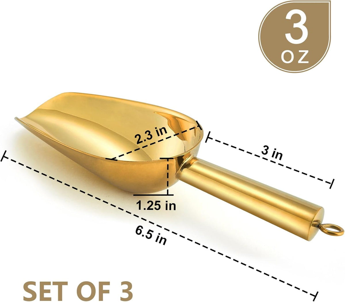 Ice Scoop Set of 3, Stainless Steel Food Scoop,3+6+8 Oz & Silver