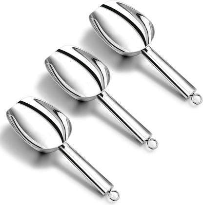 Ice Scoop Set of 3, Stainless Steel Food Scoop,3+6+8 Oz & Silver