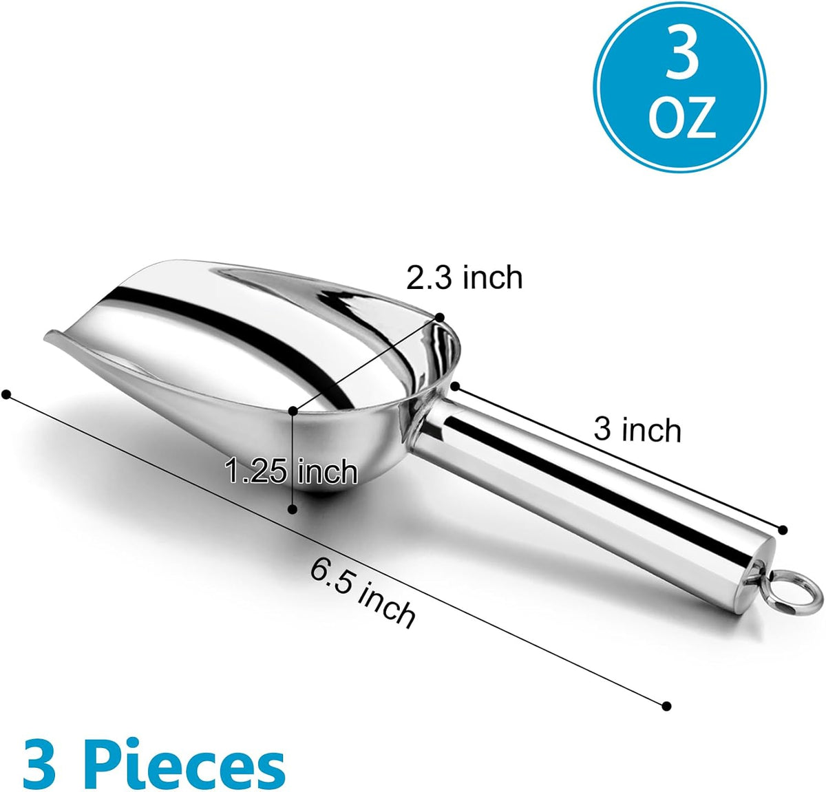 Ice Scoop Set of 3, Stainless Steel Food Scoop,3+6+8 Oz & Silver