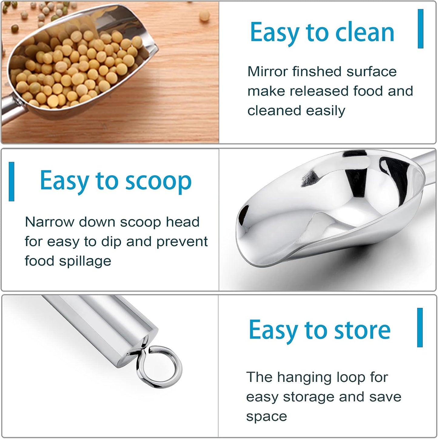Ice Scoop Set of 3, Stainless Steel Food Scoop,3+6+8 Oz & Silver