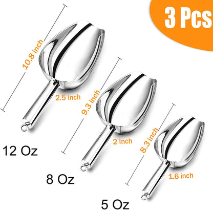 Ice Scoop Set of 3, Stainless Steel Food Scoop,3+6+8 Oz & Silver