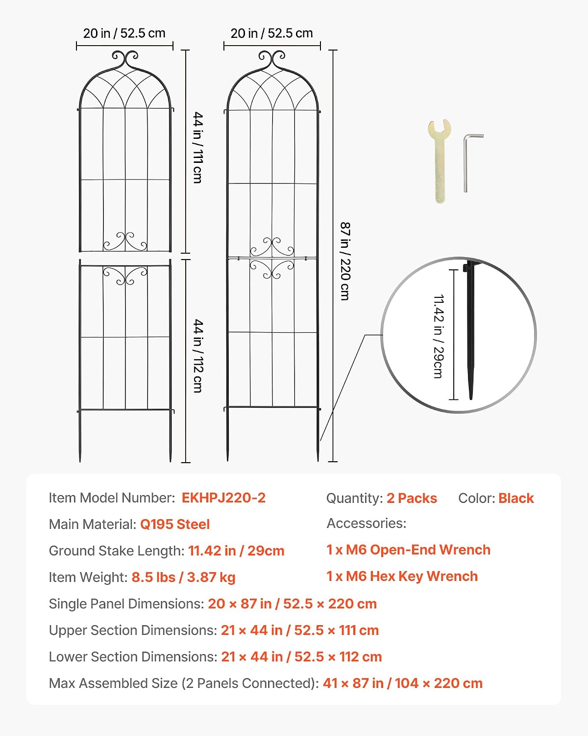 Garden Trellis, 87 x 20 inch Rose Trellis, 2 Packs Garden Flower Rose Trellises with Powder-Coated Finish & Convenient Locking Design, Plant Support Trellises for Flowers, Vegetables, Roses
