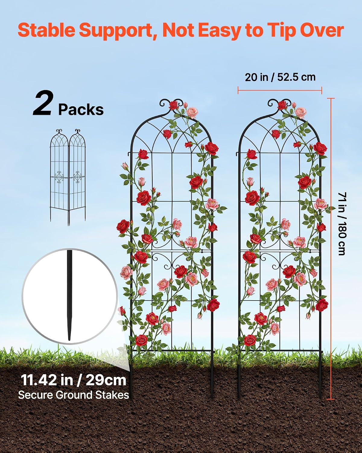 Garden Trellis, 87 x 20 inch Rose Trellis, 2 Packs Garden Flower Rose Trellises with Powder-Coated Finish & Convenient Locking Design, Plant Support Trellises for Flowers, Vegetables, Roses