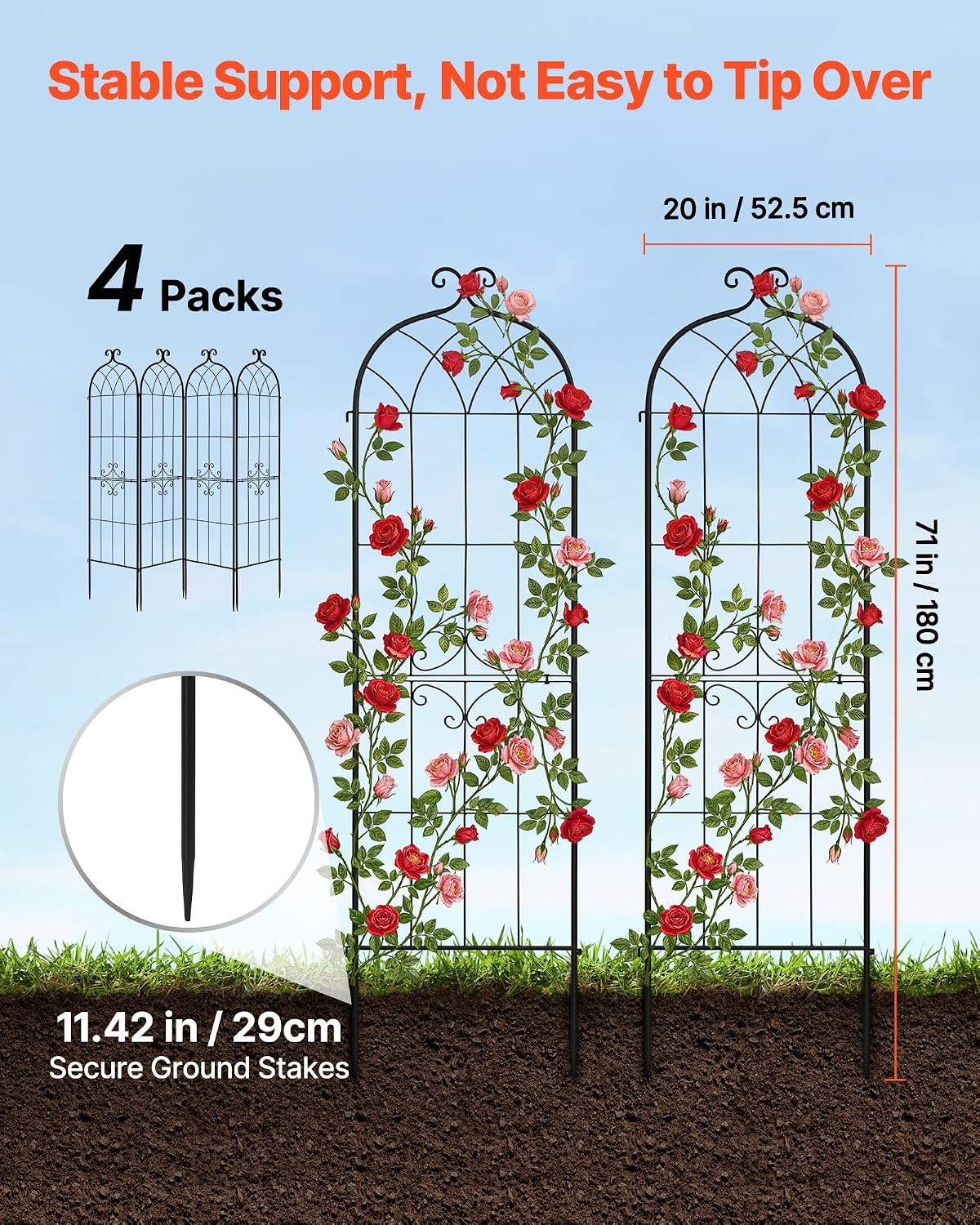 Garden Trellis, 87 x 20 inch Rose Trellis, 2 Packs Garden Flower Rose Trellises with Powder-Coated Finish & Convenient Locking Design, Plant Support Trellises for Flowers, Vegetables, Roses