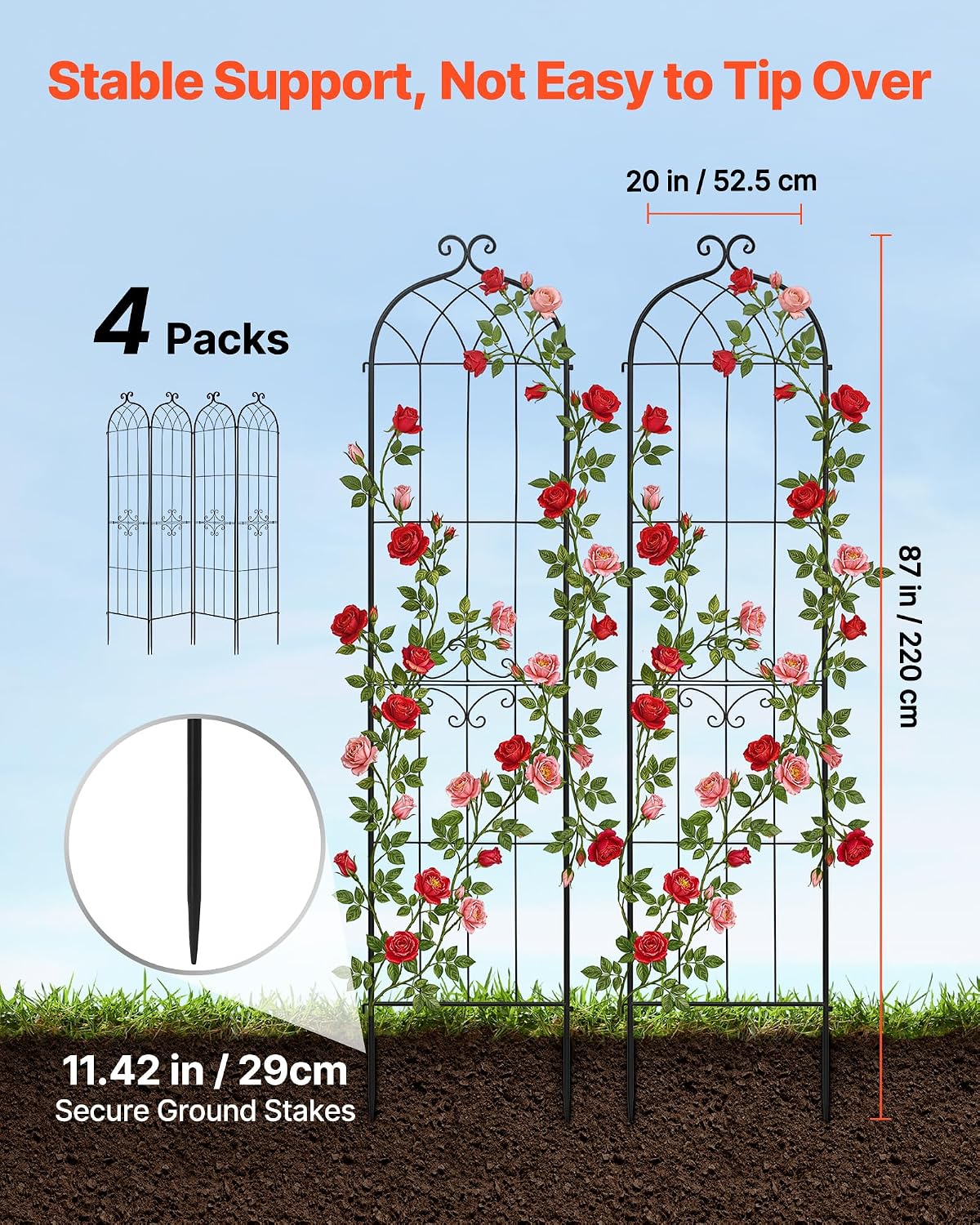 Garden Trellis, 87 x 20 inch Rose Trellis, 2 Packs Garden Flower Rose Trellises with Powder-Coated Finish & Convenient Locking Design, Plant Support Trellises for Flowers, Vegetables, Roses