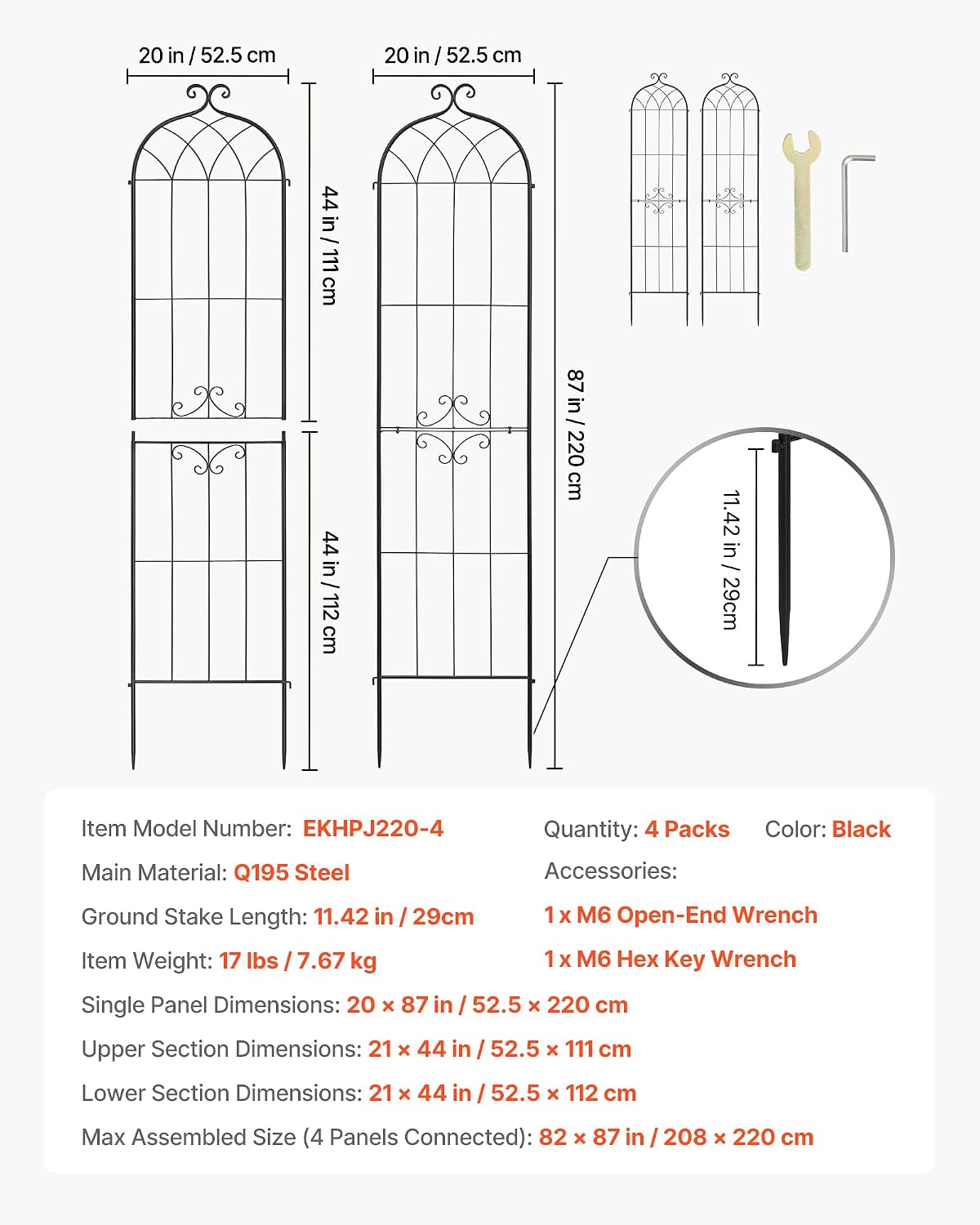 Garden Trellis, 87 x 20 inch Rose Trellis, 2 Packs Garden Flower Rose Trellises with Powder-Coated Finish & Convenient Locking Design, Plant Support Trellises for Flowers, Vegetables, Roses