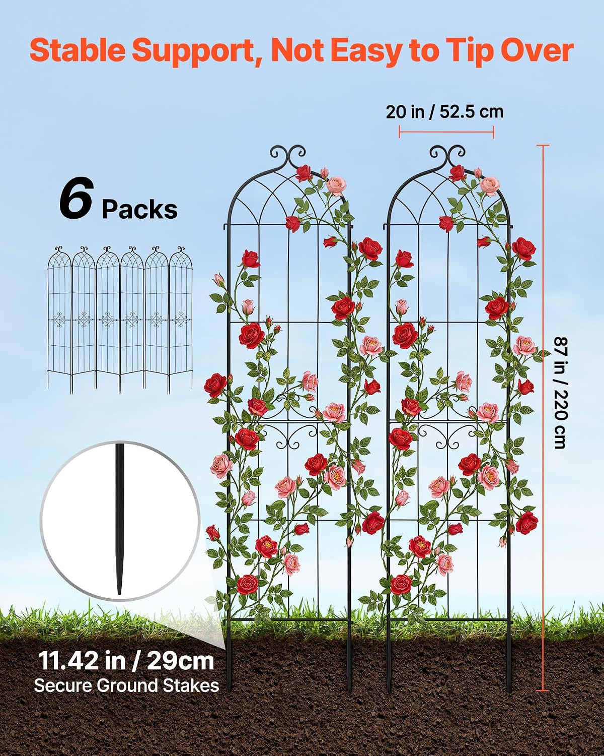 Garden Trellis, 87 x 20 inch Rose Trellis, 2 Packs Garden Flower Rose Trellises with Powder-Coated Finish & Convenient Locking Design, Plant Support Trellises for Flowers, Vegetables, Roses