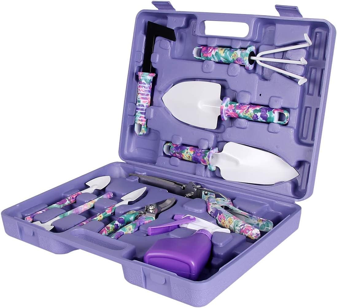 Gardening Tools, 10 Pieces Garden Tools with Floral Print, Ergonomic Handle Trowel Rake Weeder Pruner Shears Sprayer,Gardening Supplies with Carrying Case Gifts for Women