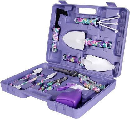 Gardening Tools, 10 Pieces Garden Tools with Floral Print, Ergonomic Handle Trowel Rake Weeder Pruner Shears Sprayer,Gardening Supplies with Carrying Case Gifts for Women