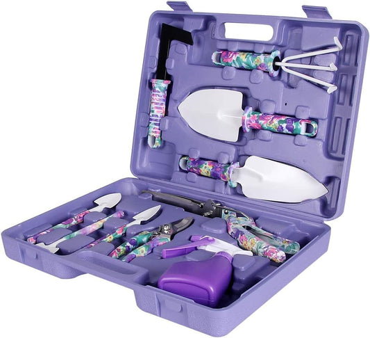 Gardening Tools, 10 Pieces Garden Tools with Floral Print, Ergonomic Handle Trowel Rake Weeder Pruner Shears Sprayer,Gardening Supplies with Carrying Case Gifts for Women