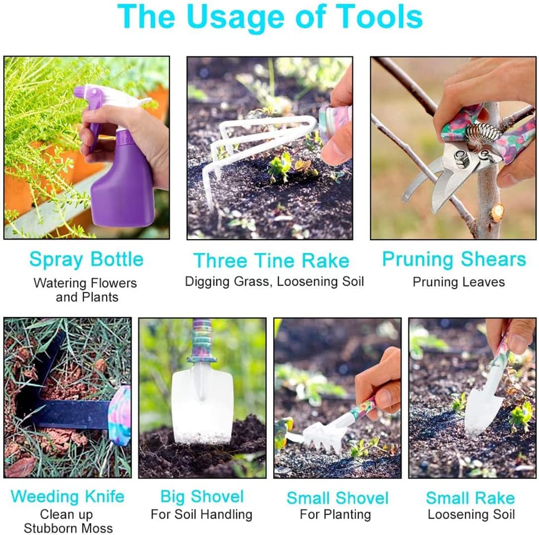 Gardening Tools, 10 Pieces Garden Tools with Floral Print, Ergonomic Handle Trowel Rake Weeder Pruner Shears Sprayer,Gardening Supplies with Carrying Case Gifts for Women