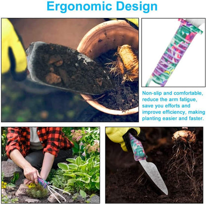 Gardening Tools, 10 Pieces Garden Tools with Floral Print, Ergonomic Handle Trowel Rake Weeder Pruner Shears Sprayer,Gardening Supplies with Carrying Case Gifts for Women