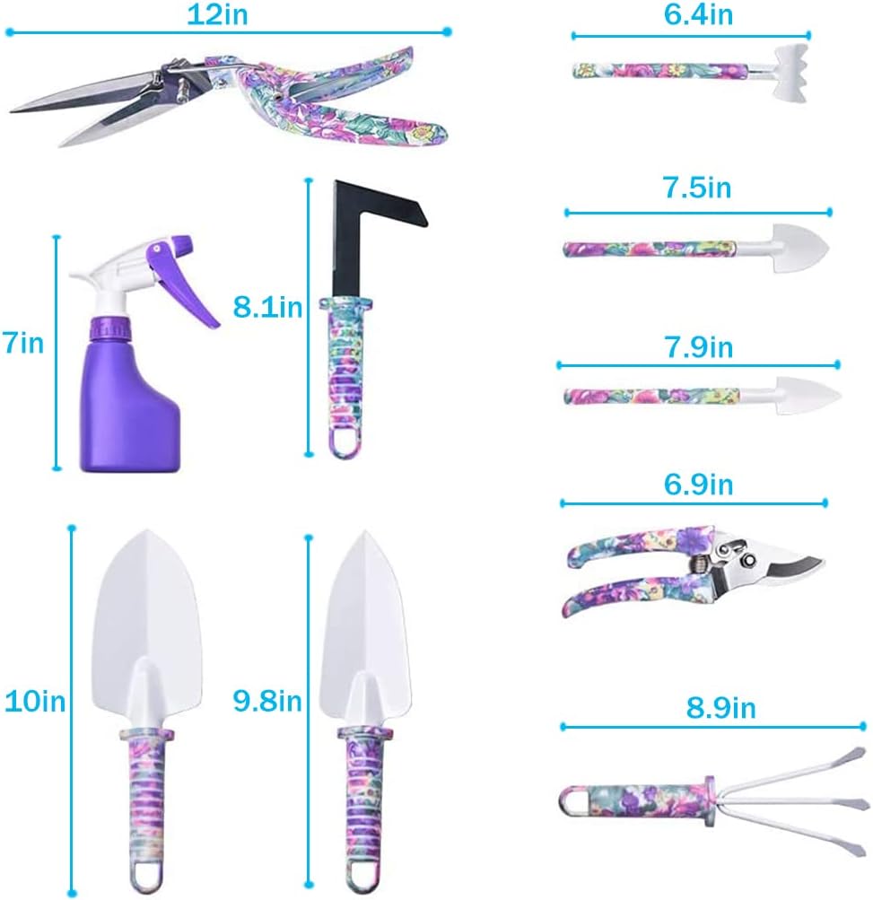 Gardening Tools, 10 Pieces Garden Tools with Floral Print, Ergonomic Handle Trowel Rake Weeder Pruner Shears Sprayer,Gardening Supplies with Carrying Case Gifts for Women