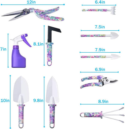 Gardening Tools, 10 Pieces Garden Tools with Floral Print, Ergonomic Handle Trowel Rake Weeder Pruner Shears Sprayer,Gardening Supplies with Carrying Case Gifts for Women