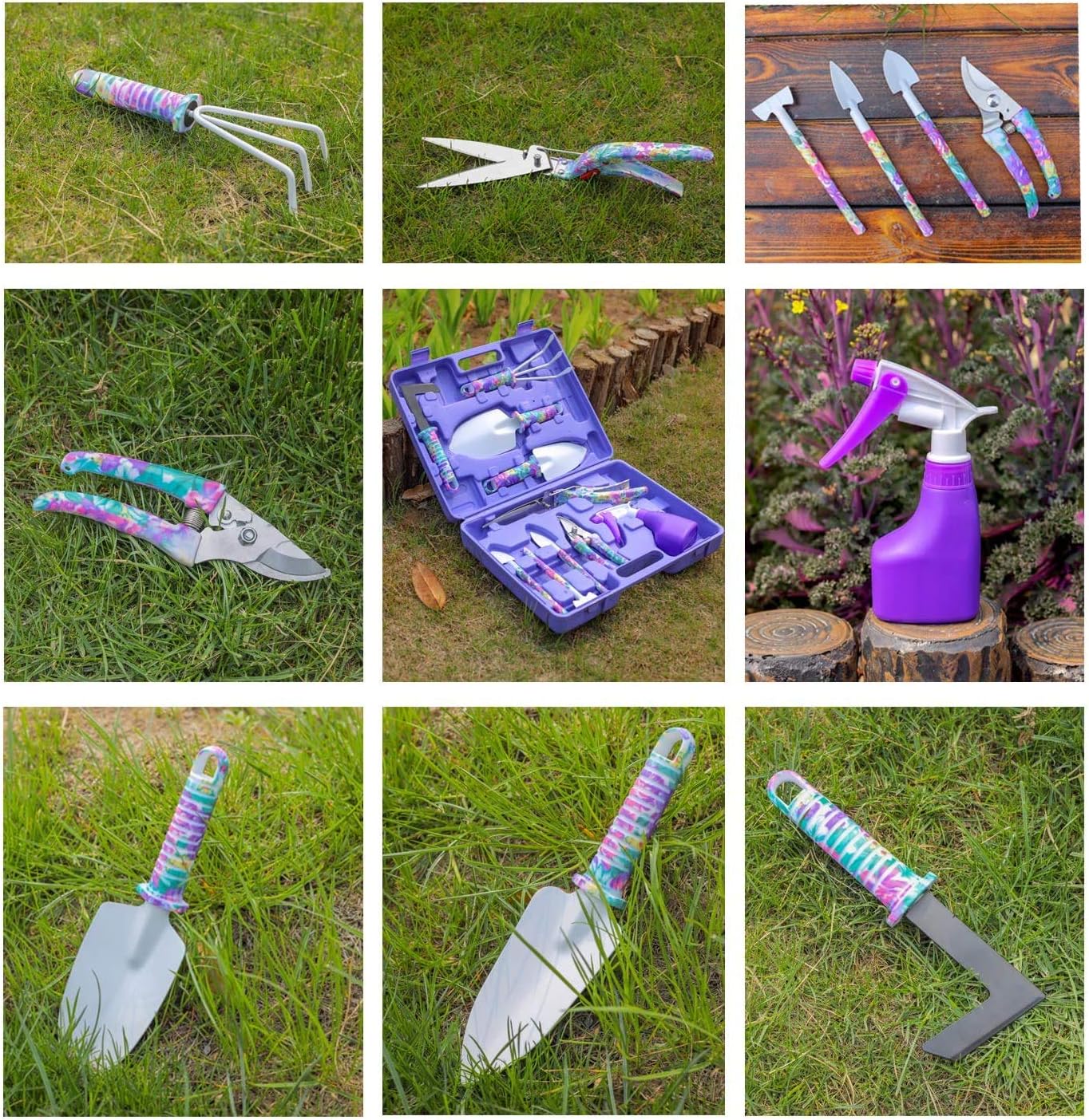 Gardening Tools, 10 Pieces Garden Tools with Floral Print, Ergonomic Handle Trowel Rake Weeder Pruner Shears Sprayer,Gardening Supplies with Carrying Case Gifts for Women