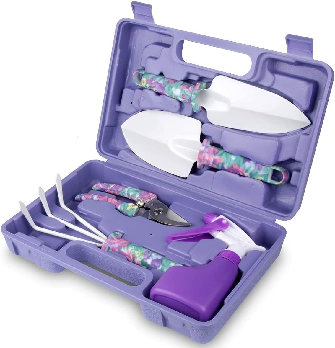 Gardening Tools, 10 Pieces Garden Tools with Floral Print, Ergonomic Handle Trowel Rake Weeder Pruner Shears Sprayer,Gardening Supplies with Carrying Case Gifts for Women
